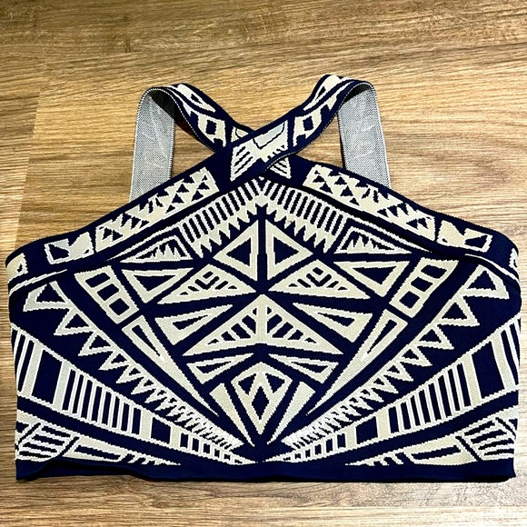 BCBG Skirt & Crop Top Set | Geometric Blue & Tan | Stretch Body Contour | Small - Picture 5 of 8